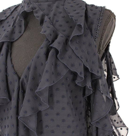 NICHOLAS Ruffle Trim Cold Shoulder Blouse 0 Sheer Navy Blue Swiss Dot Top XXS - Picture 6 of 9